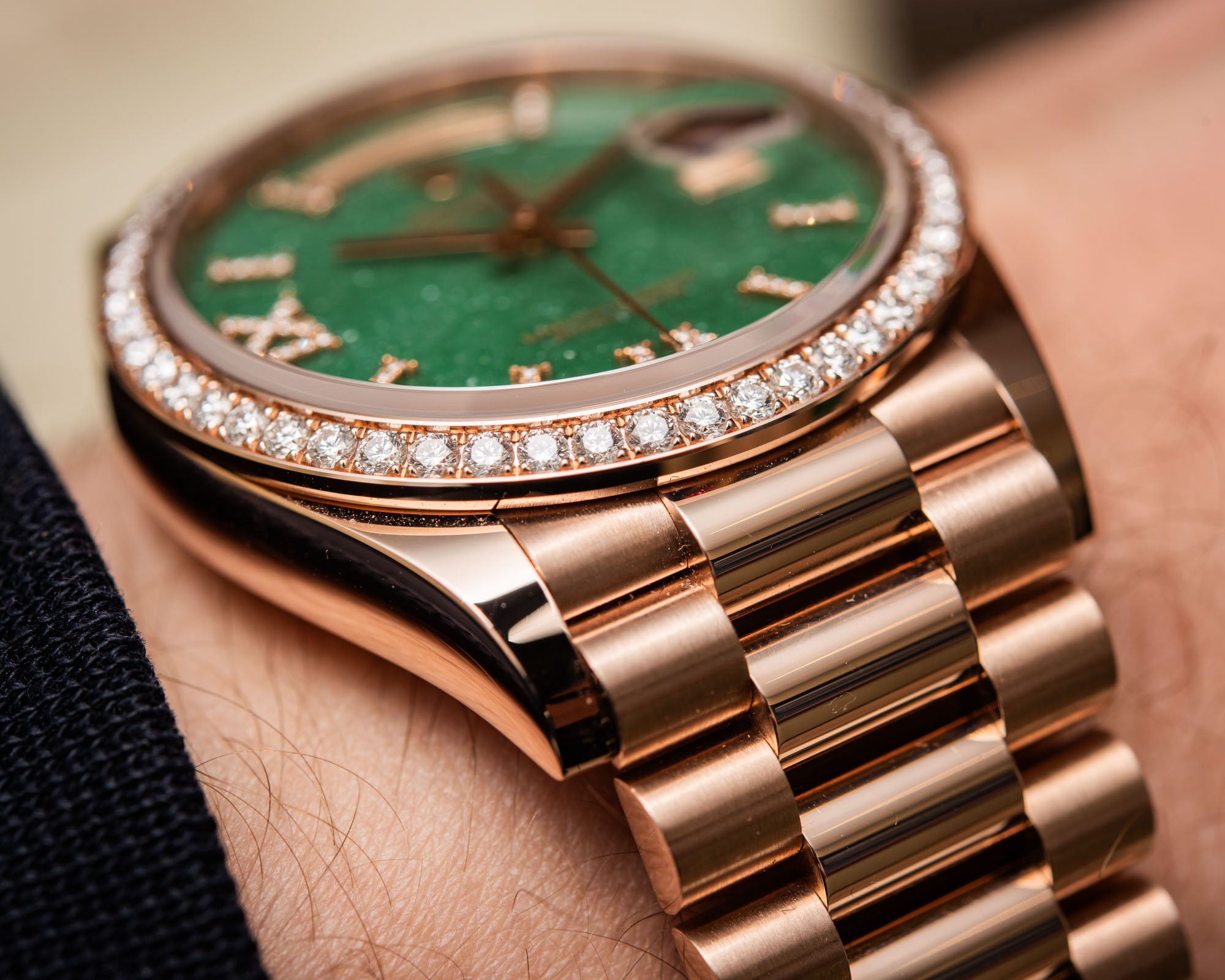 Rolex Day-Date Rose Gold Green Aventurine Diamond-Set Roman Dial Diamond Bezel Women's Watch M128345RBR-0068