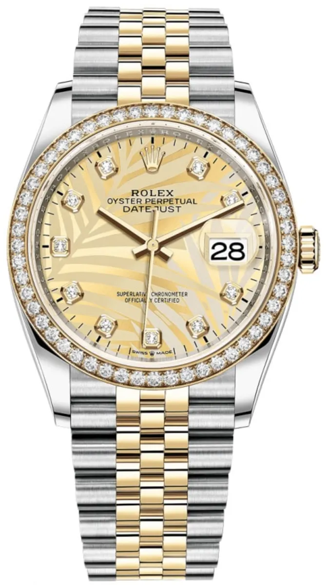 Rolex Datejust 36 Yellow Gold & Diamonds Golden Palm-Motif Diamond Dial Women's Watch M126283RBR-0029