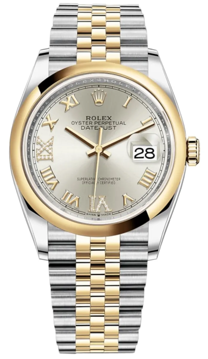Rolex Datejust 36 Steel & Yellow Gold Silver Pave Roman Dial Men's Watch M126203-0031
