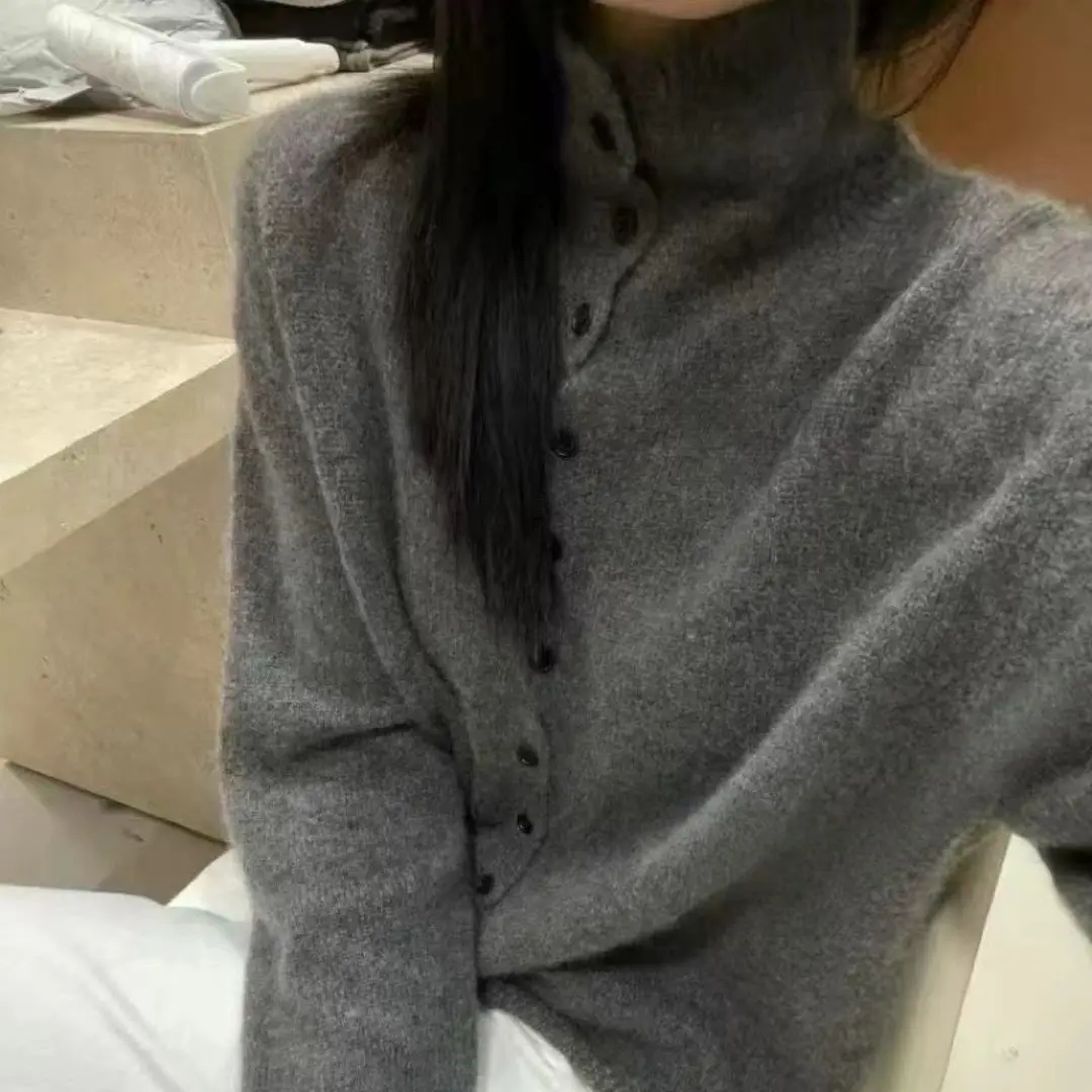 WinvyNee Women's Clothing Wool Sweaters Turtleneck Long Sleeve Solid Buttons Pullovers Soft Knitwear Tops Autumn