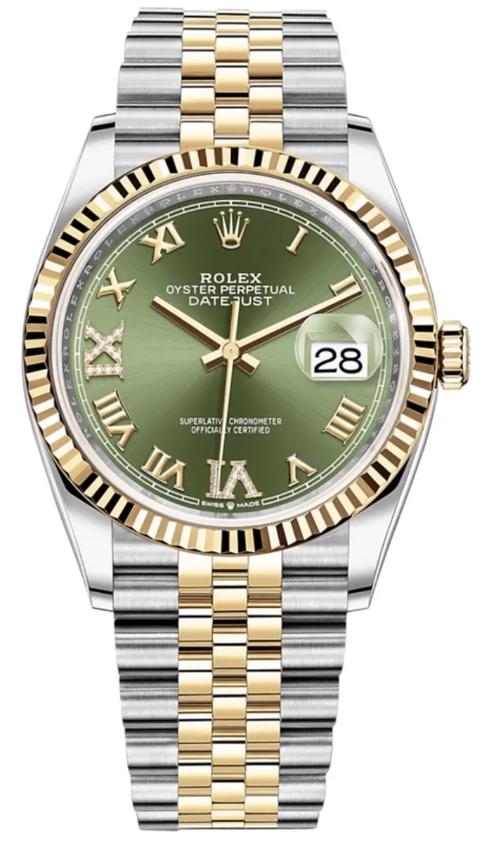 Rolex Datejust 36 Steel & Yellow Gold Olive Green Pave Roman Dial Women's Watch M126233-0025