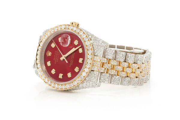 DIAMOND ROLEX WATCH DATEJUST 36MM TWO TONE RED DIAL FULL ICED VVS MOISSANITE 17.20CT