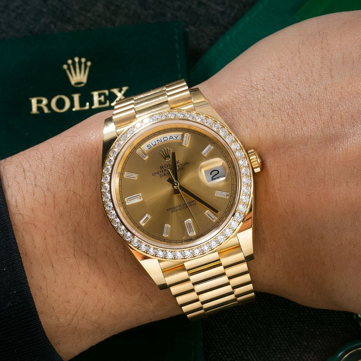 Rolex Day-Date 228348RBR Yellow Gold Diamond Bezel Champagne Diamond Dial