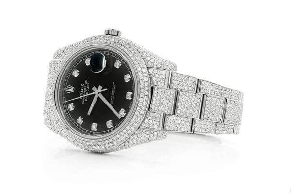 ROLEX DATEJUST ICED OUT 41MM SILVER BLACK DIAL AUTOMATIC STAINLESS STEEL WATCH FULL MOISSANITE 16.00CT