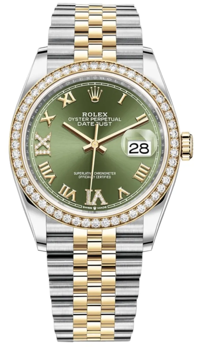 Rolex Datejust 36 Yellow Gold & Diamonds Olive Green Diamond Pave Roman Dial Women's Watch M126283RBR-0011