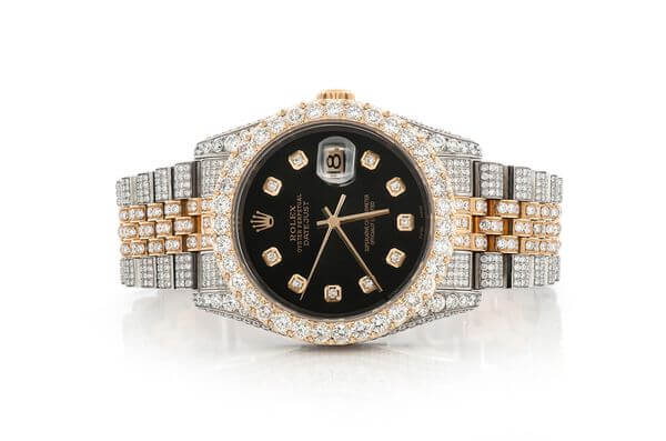 ICED OUT ROLEX DATEJUST 36MM TWO TONE BLACK DIAL AUTOMATIC WATCH 16.00CT