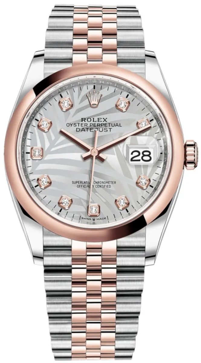 Rolex Datejust 36 Steel & Everose Gold Silver Palm-Motif Diamond Dial Women's Watch M126201-0037