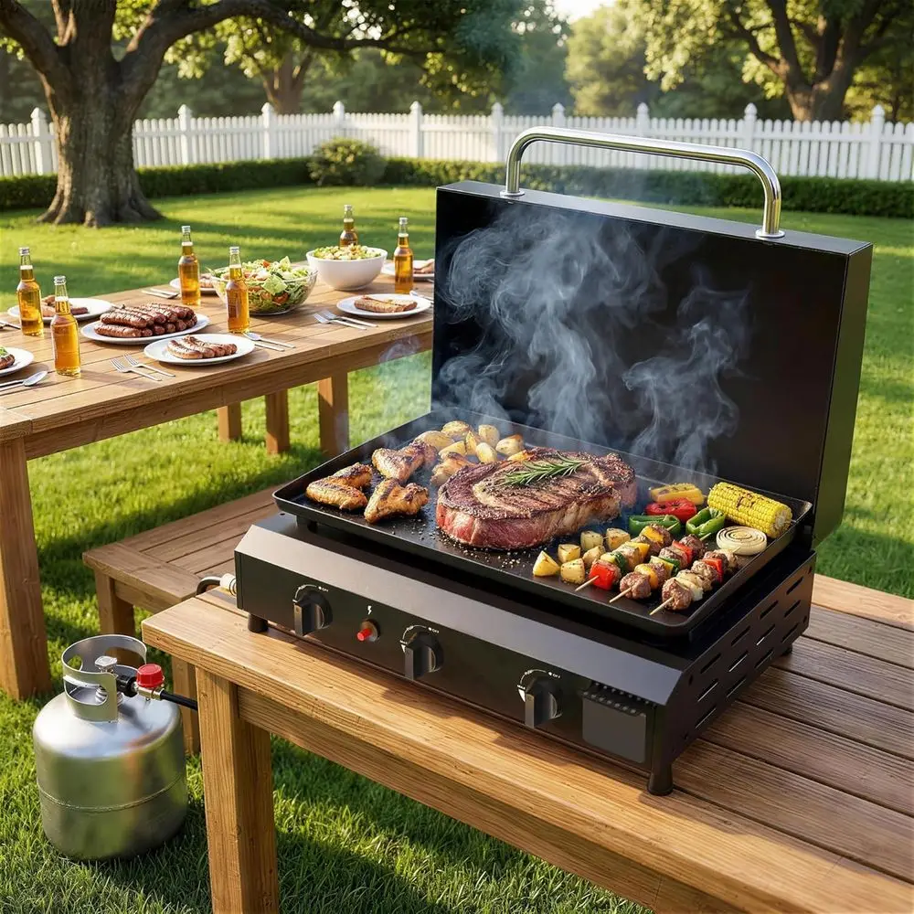 Portable 25.6 Stainless Steel 3-Burner Gas Griddle with Hood, 45,000 BTU Detachable Propane BBQ Grill for Outdoor Cooking