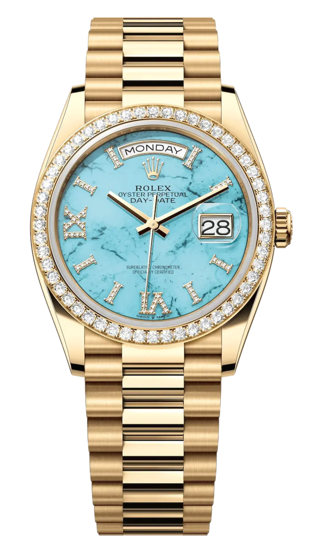 Rolex Day-Date 128348RBR Yellow Gold Diamond Bezel Turquoise Diamond Dial