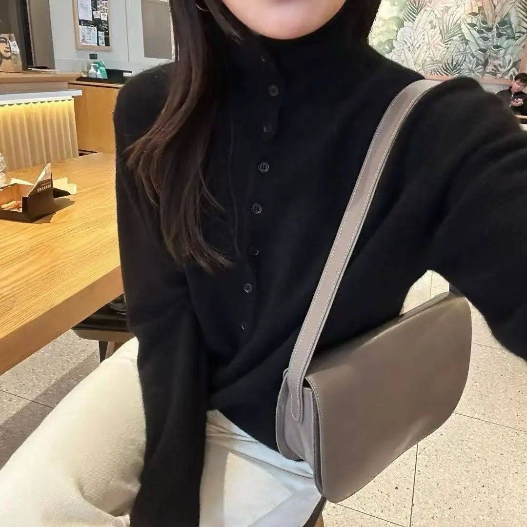 WinvyNee Women's Clothing Wool Sweaters Turtleneck Long Sleeve Solid Buttons Pullovers Soft Knitwear Tops Autumn