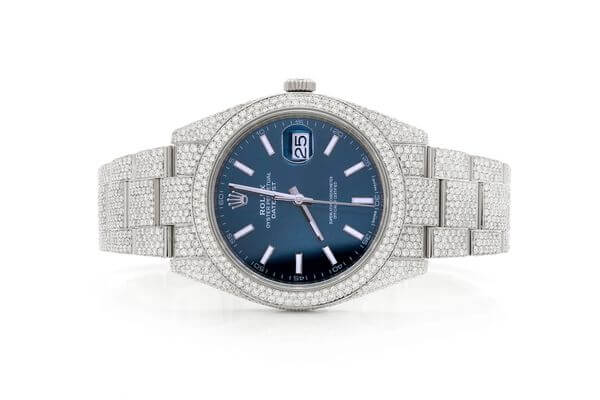ROLEX ICED OUT DATEJUST 41MM BLUE DIAL AUTOMATIC STAINLESS STEEL WATCH MOISSANITE 21.00CT