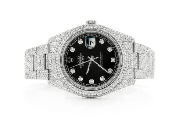 ROLEX DATEJUST ICED OUT 41MM SILVER BLACK DIAL AUTOMATIC STAINLESS STEEL WATCH FULL MOISSANITE 16.00CT