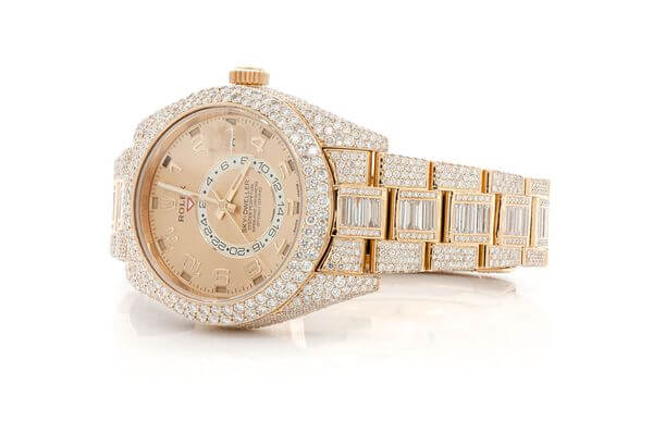 ROLEX WATCH WITH DIAMONDS SKY-DWELLER 42MM YELLOW AUTOMATIC STAINLESS STEEL FULL ICED MOISSANITE 26.00CT