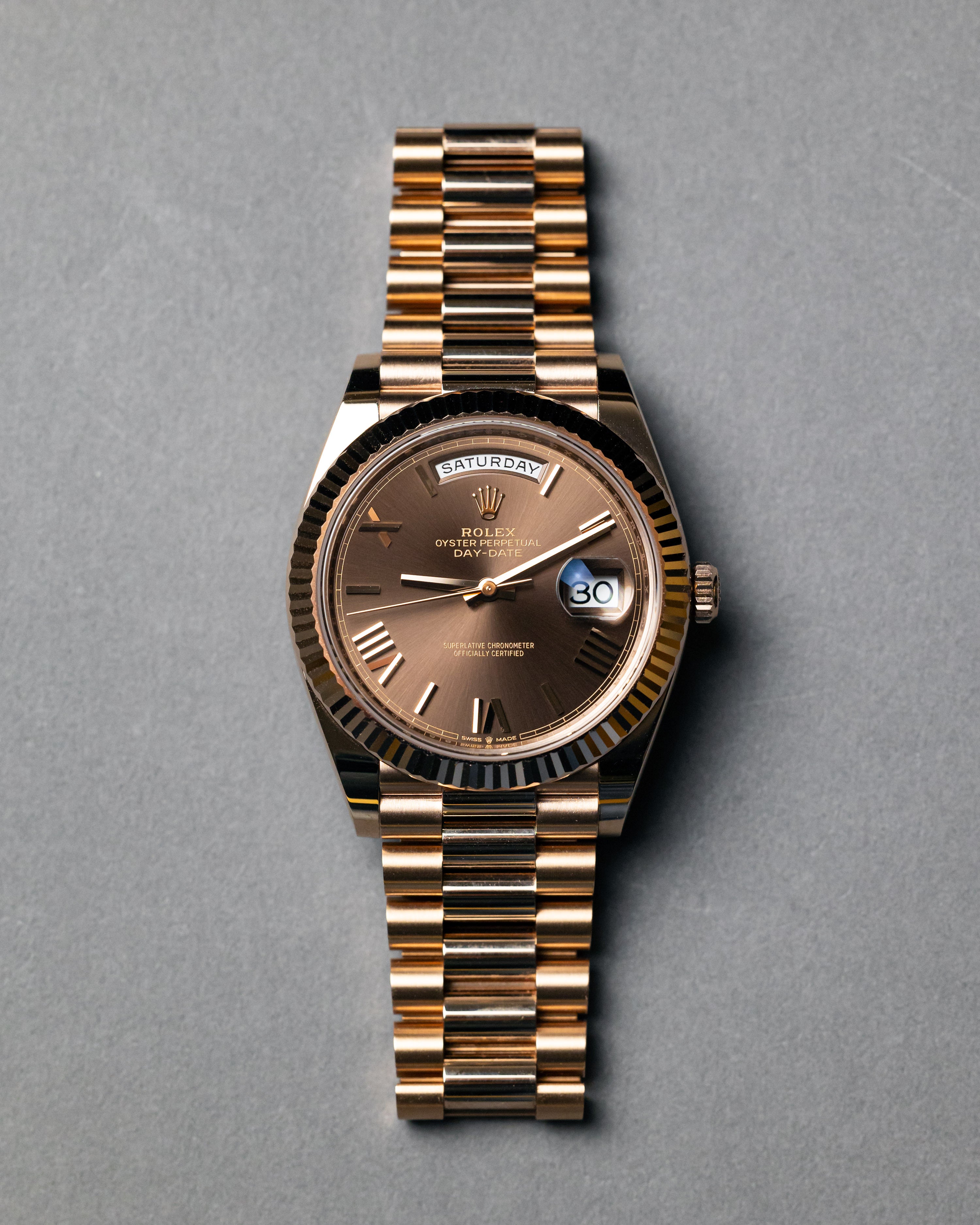 2022 Rolex Day-Date 40 Rose Gold/Chocolate Dial