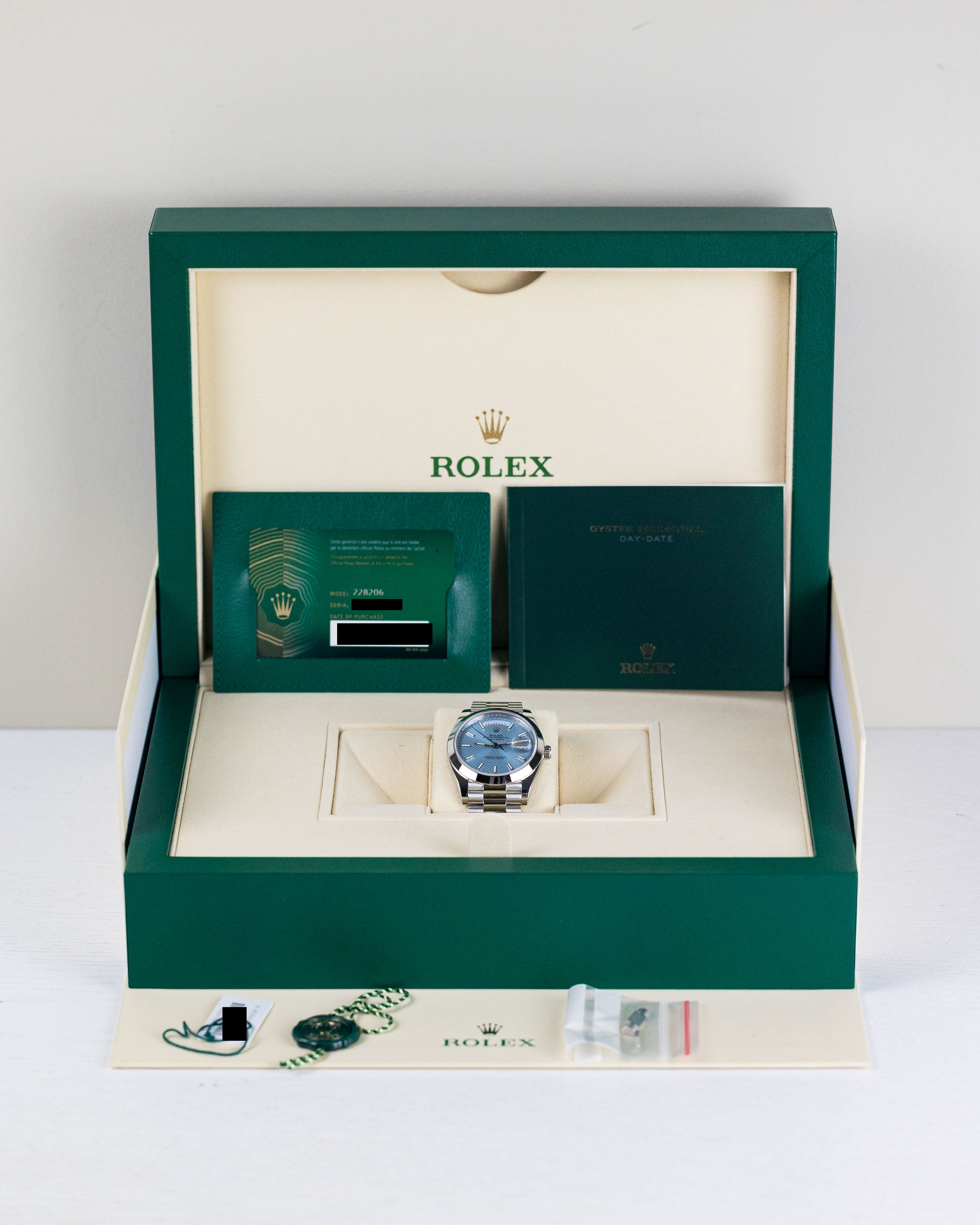 2021 Rolex Day-Date Platinum Ice blue motif dial 228206