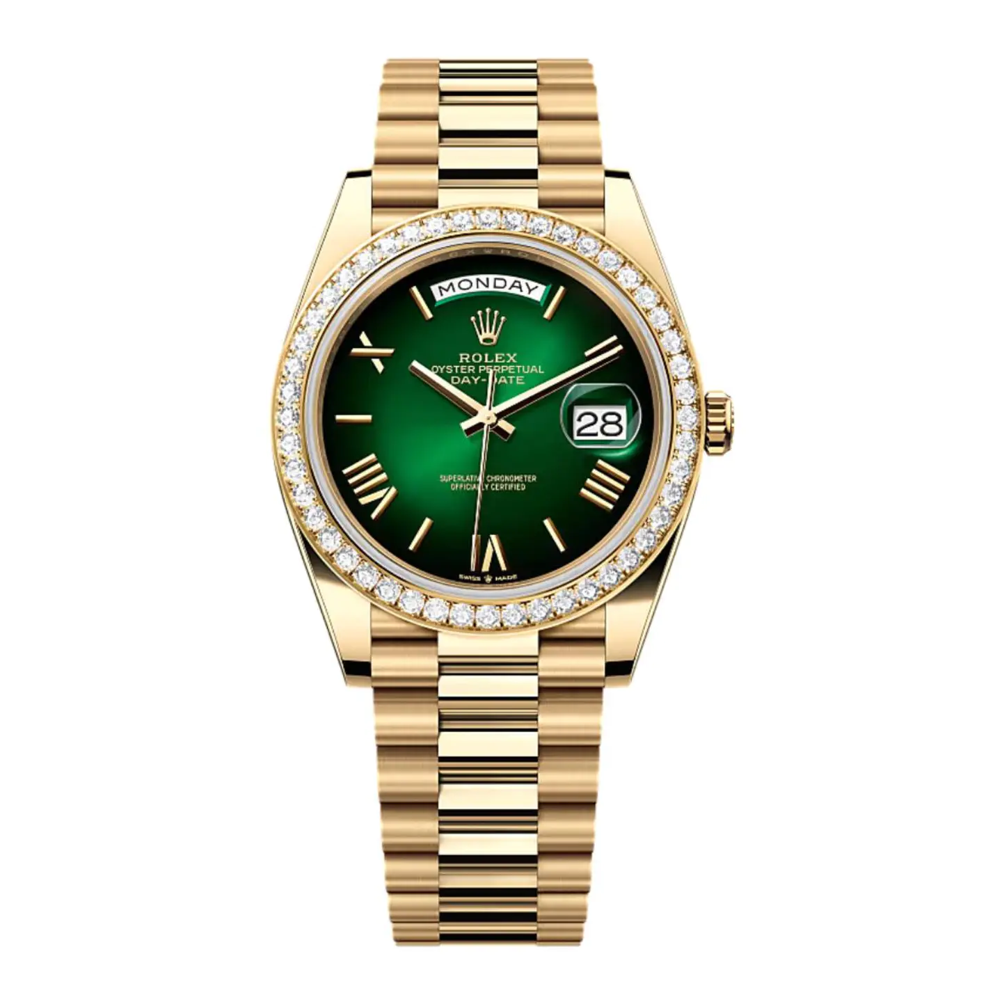 Rolex Day-Date 228348RBR Yellow Gold Green Ombre Roman Numeral Dial Diamond Bezel Replica