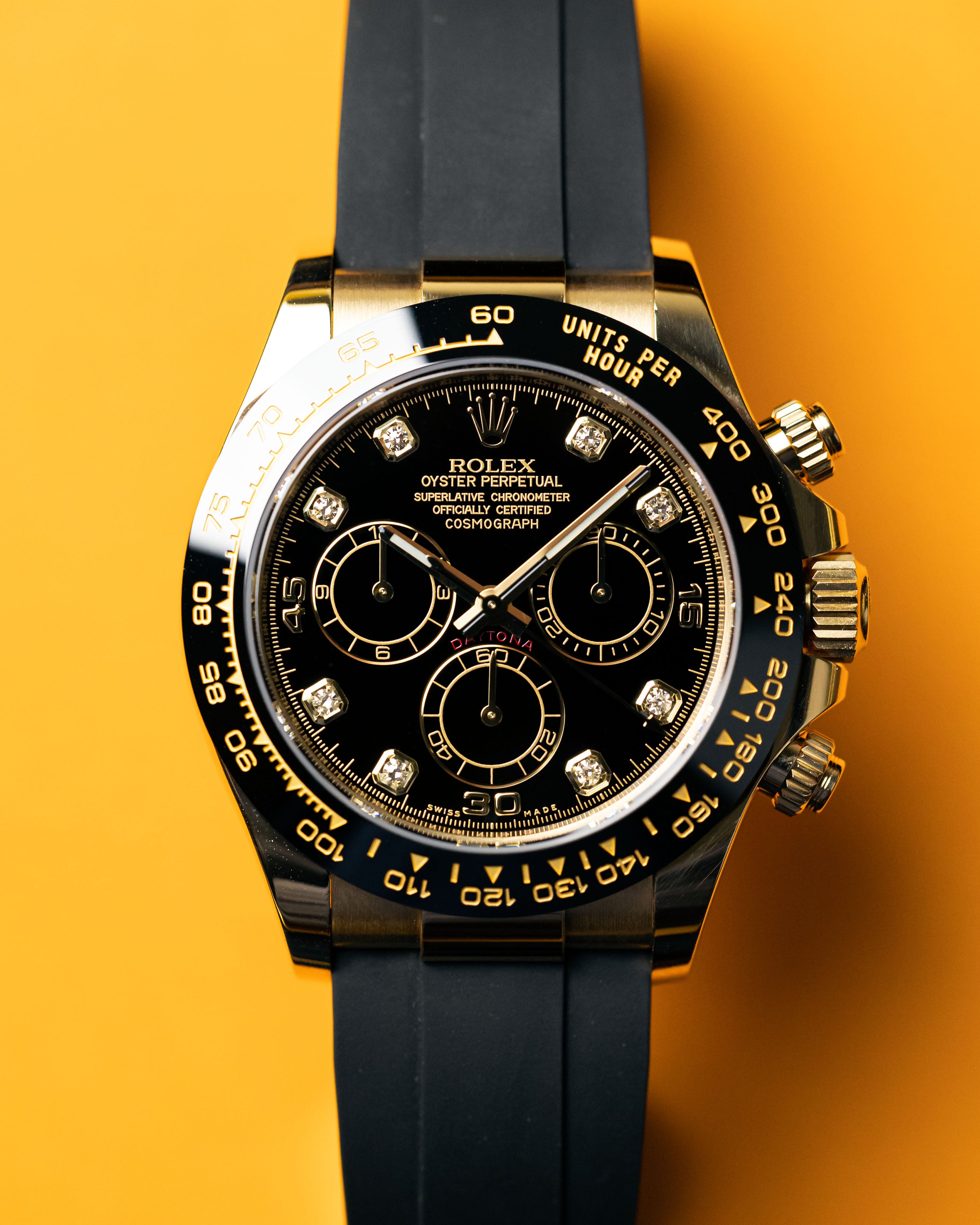 Rolex Daytona Yellow Gold Oysterflex Black Diamond Dial 116518LN  