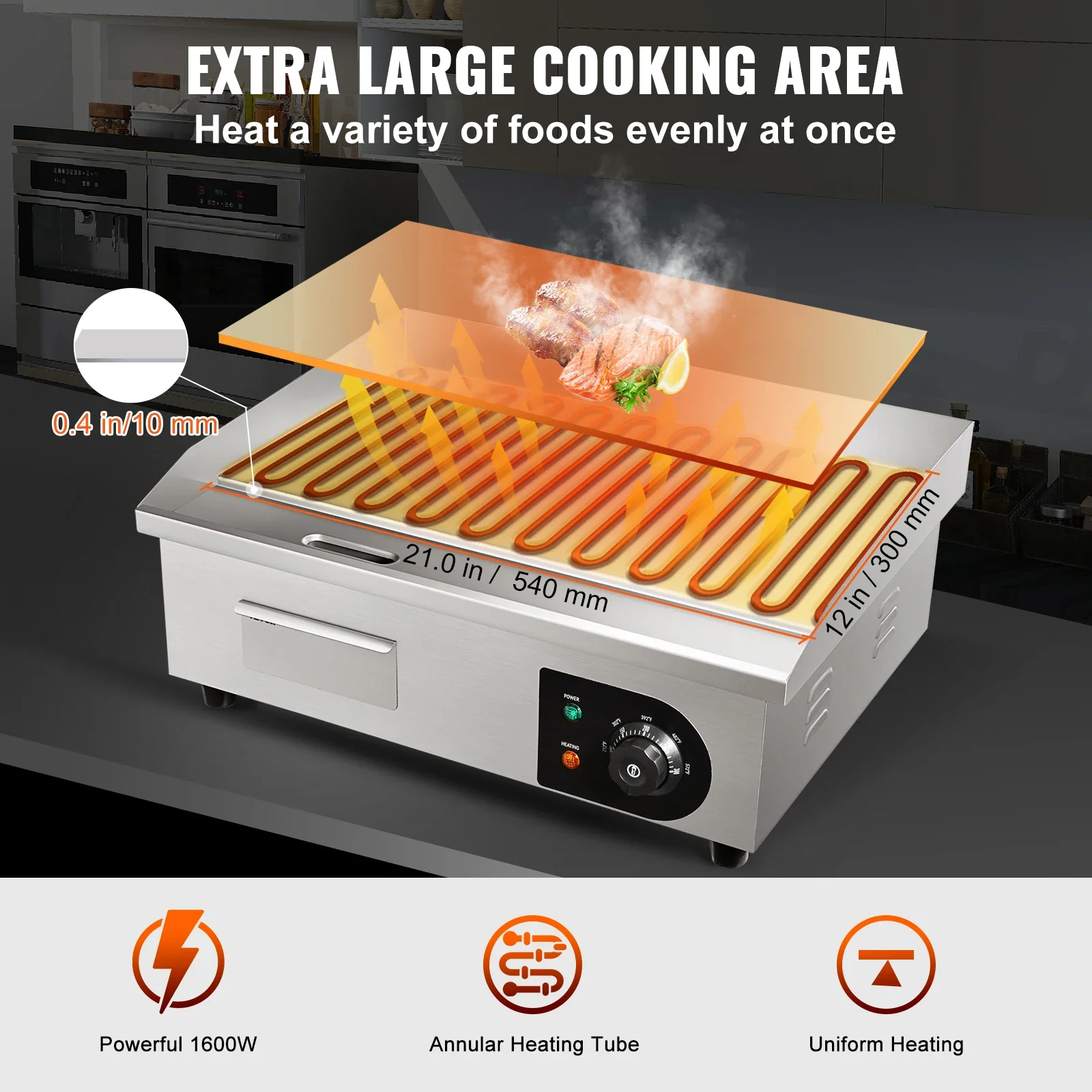 21In Commercial Electric Grill Flat Pan Stainless Steel Desktop Griddle Hotplate Teppanyaki Grill w/Temperature Control