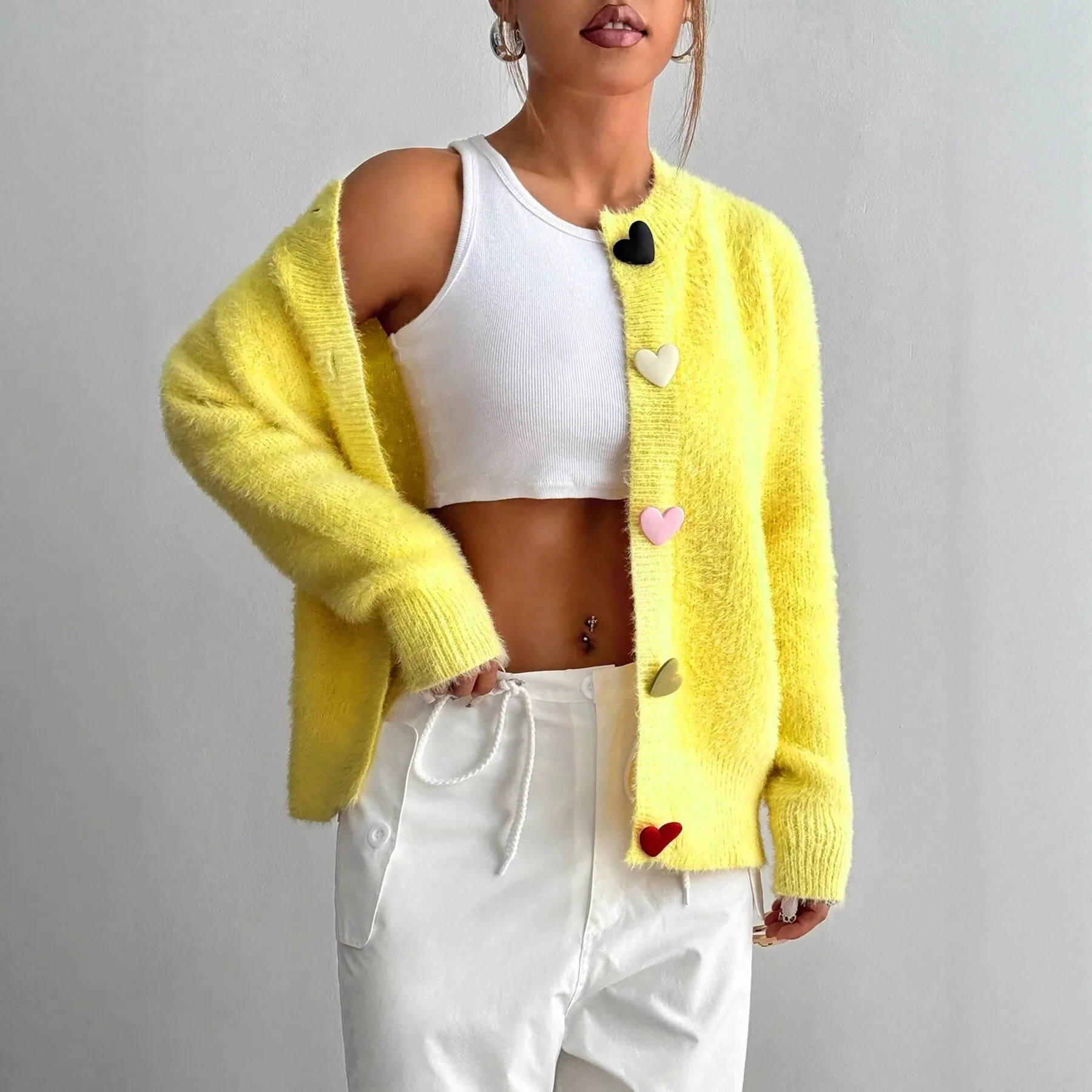 Autumn Winter Fashion Yellow Cardigan Women Heart Button Long Sleeve Knit Sweater Outerwears
