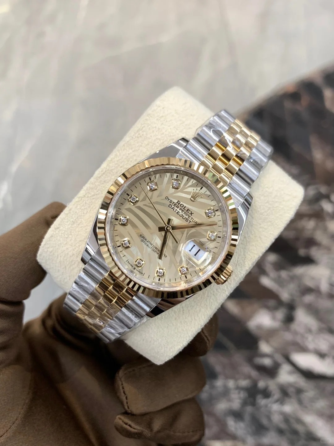 Rolex Datejust 36 Steel & Yellow Gold Golden Palm-Motif Diamond Dial Women's Watch M126233-0043