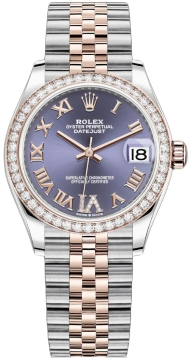 Rolex Datejust 31 Stainless Steel and Rose Gold Aubergine Pave Roman Dial Diamond Bezel Women's Watch M278381RBR-0020