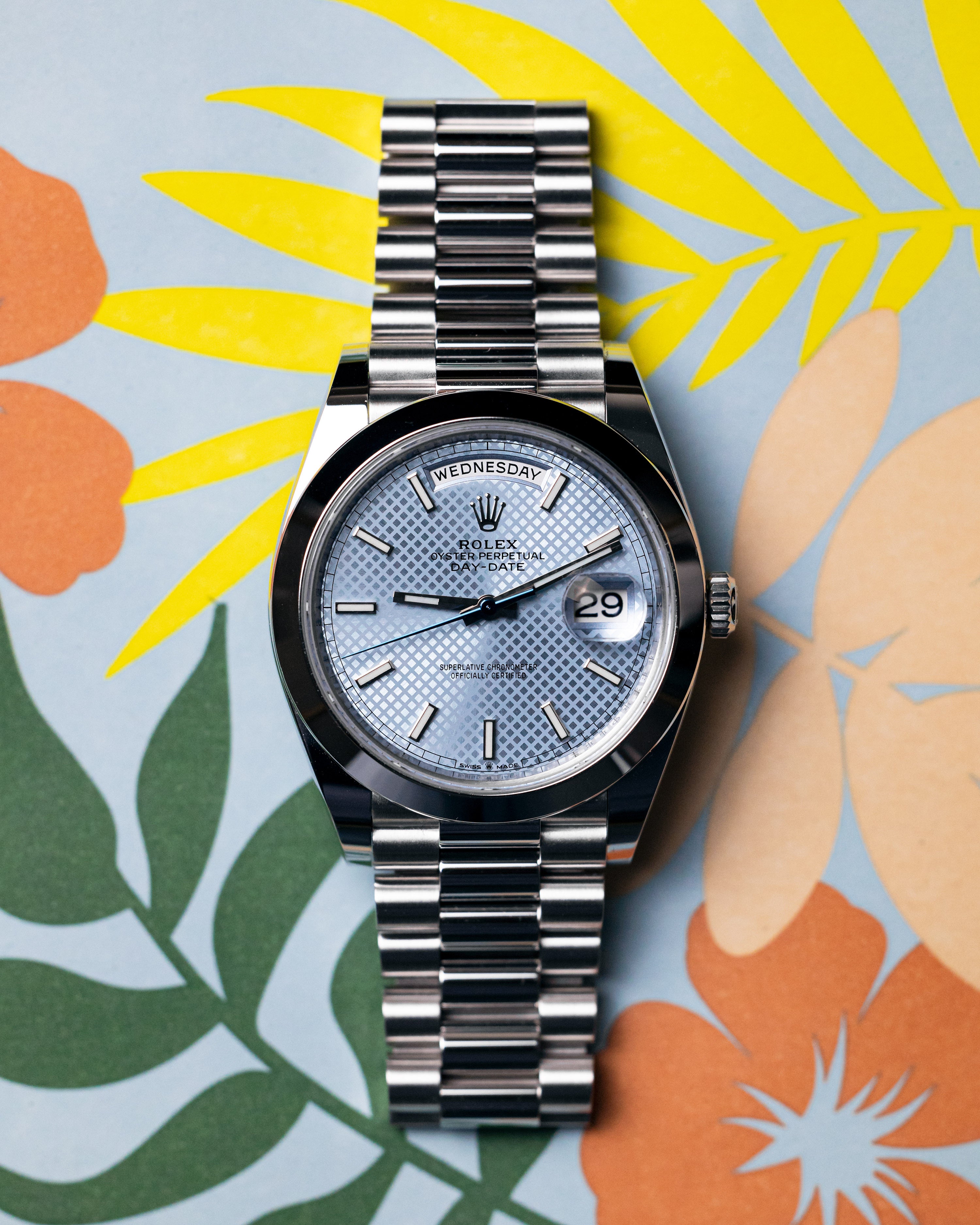 2021 Rolex Day-Date Platinum Ice blue motif dial 228206