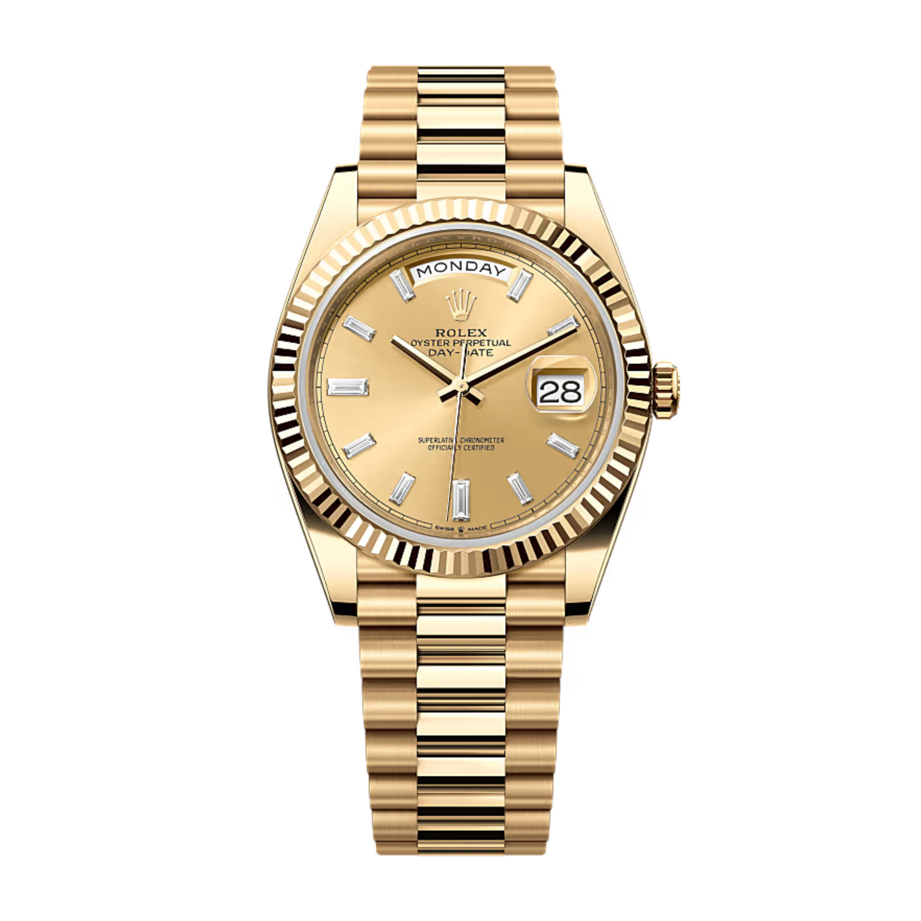 Rolex Day-Date 40 Presidential Champagne dial, Fluted Bezel, President bracelet, Yellow gold Watch