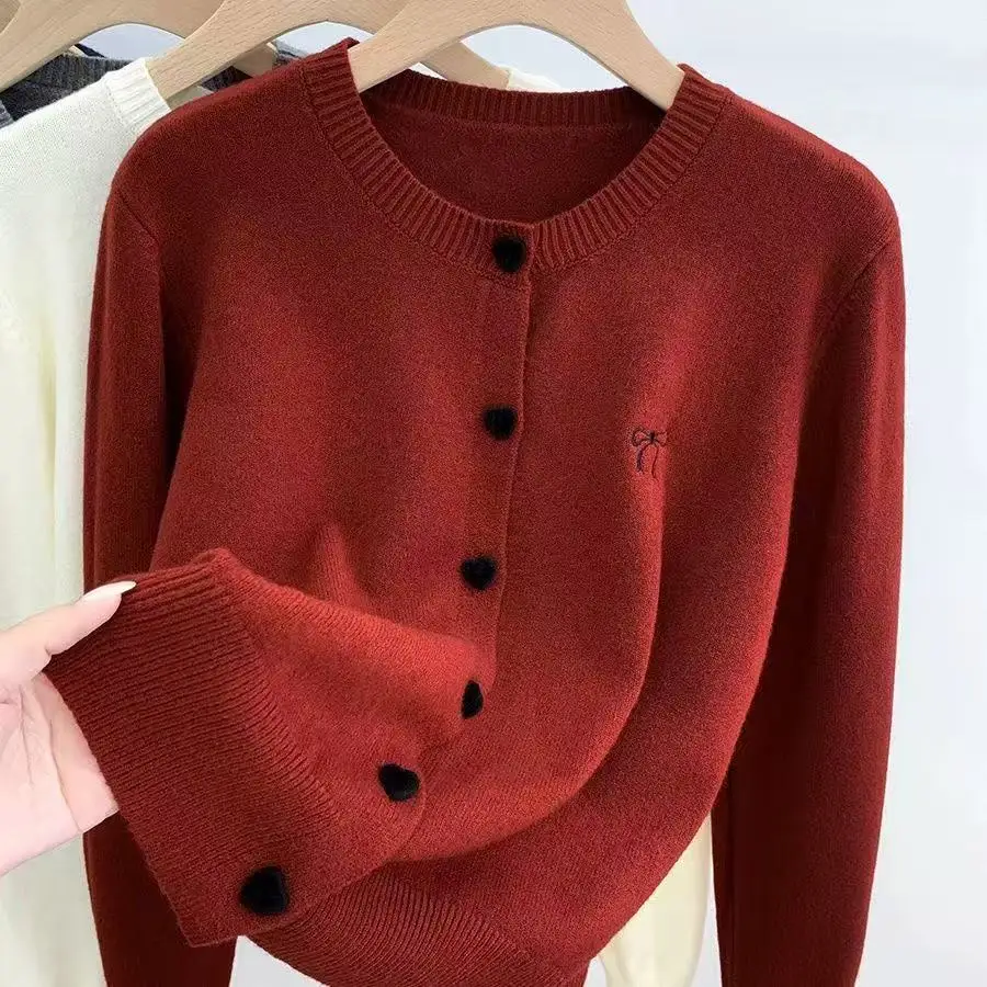 Bow Embroidery O-Neck Single Breasted Heart-shaped Button Sweater Women Knitted Cardigan Korean Casual Solid Knitting Tops