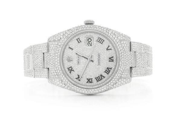 ROLEX DATEJUST ICED OUT 41MM SILVER AUTOMATIC STAINLESS STEEL WATCH FULL MOISSANITE 23.50CT