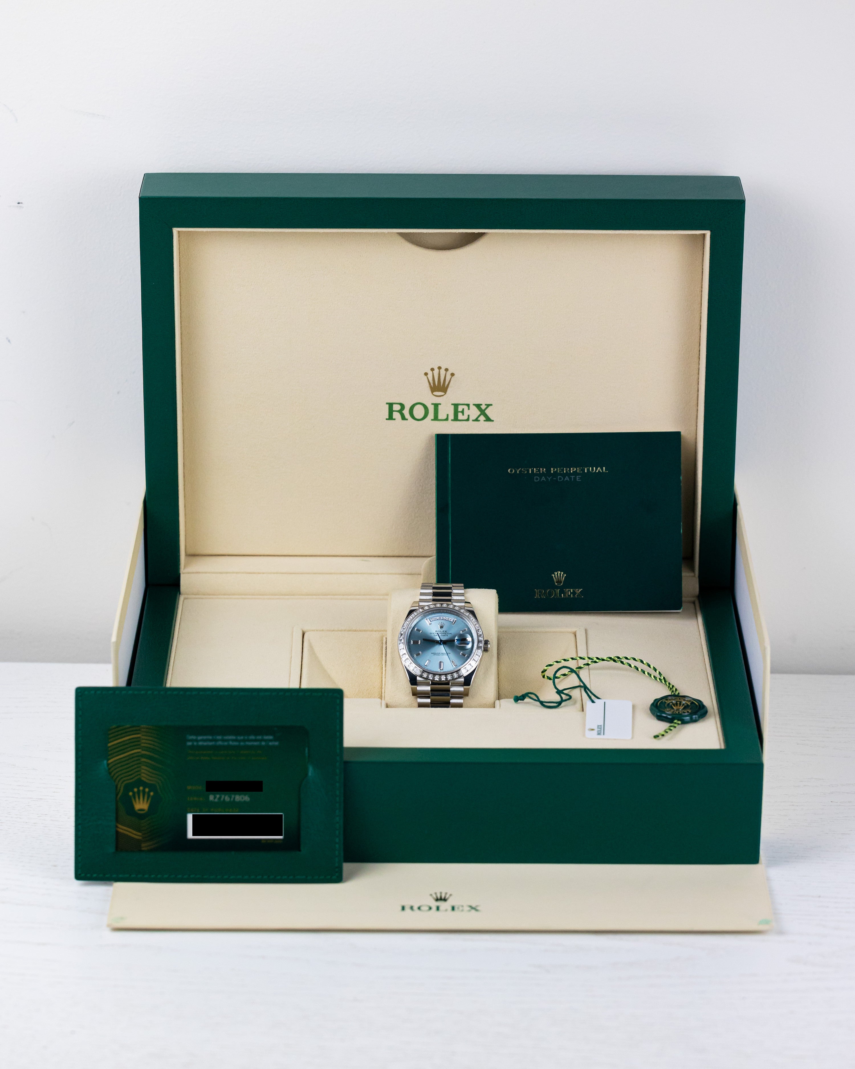 2023 Rolex Day-Date 40 Platinum with Factory Diamond Bezel & Baguette