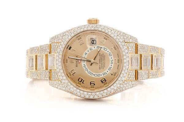 ROLEX WATCH WITH DIAMONDS SKY-DWELLER 42MM YELLOW AUTOMATIC STAINLESS STEEL FULL ICED MOISSANITE 26.00CT