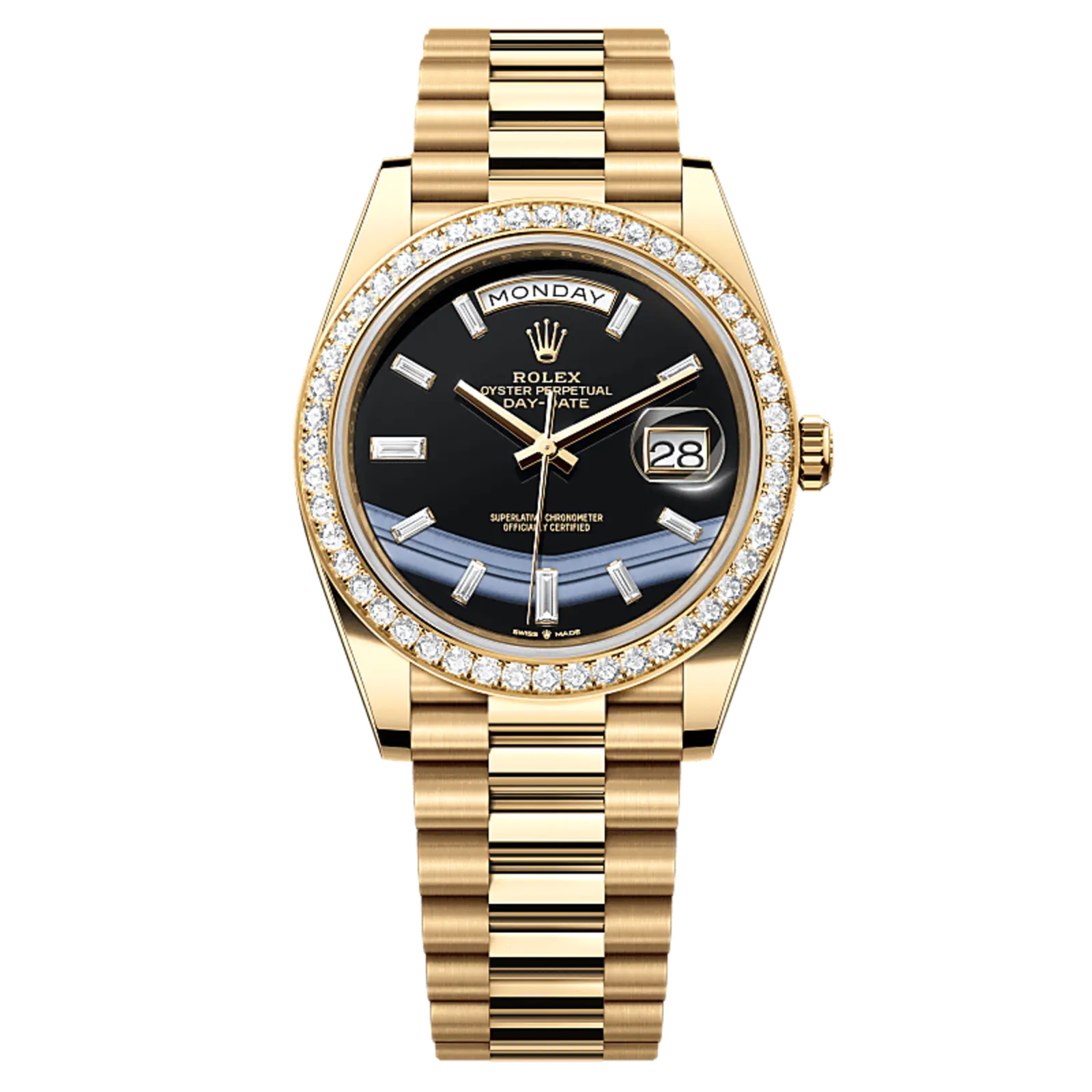 Day-Date 40 Yellow Gold Presidential Bracelet Black Baguette Dial Diamond Bezel Ref. 228348RBR-0001