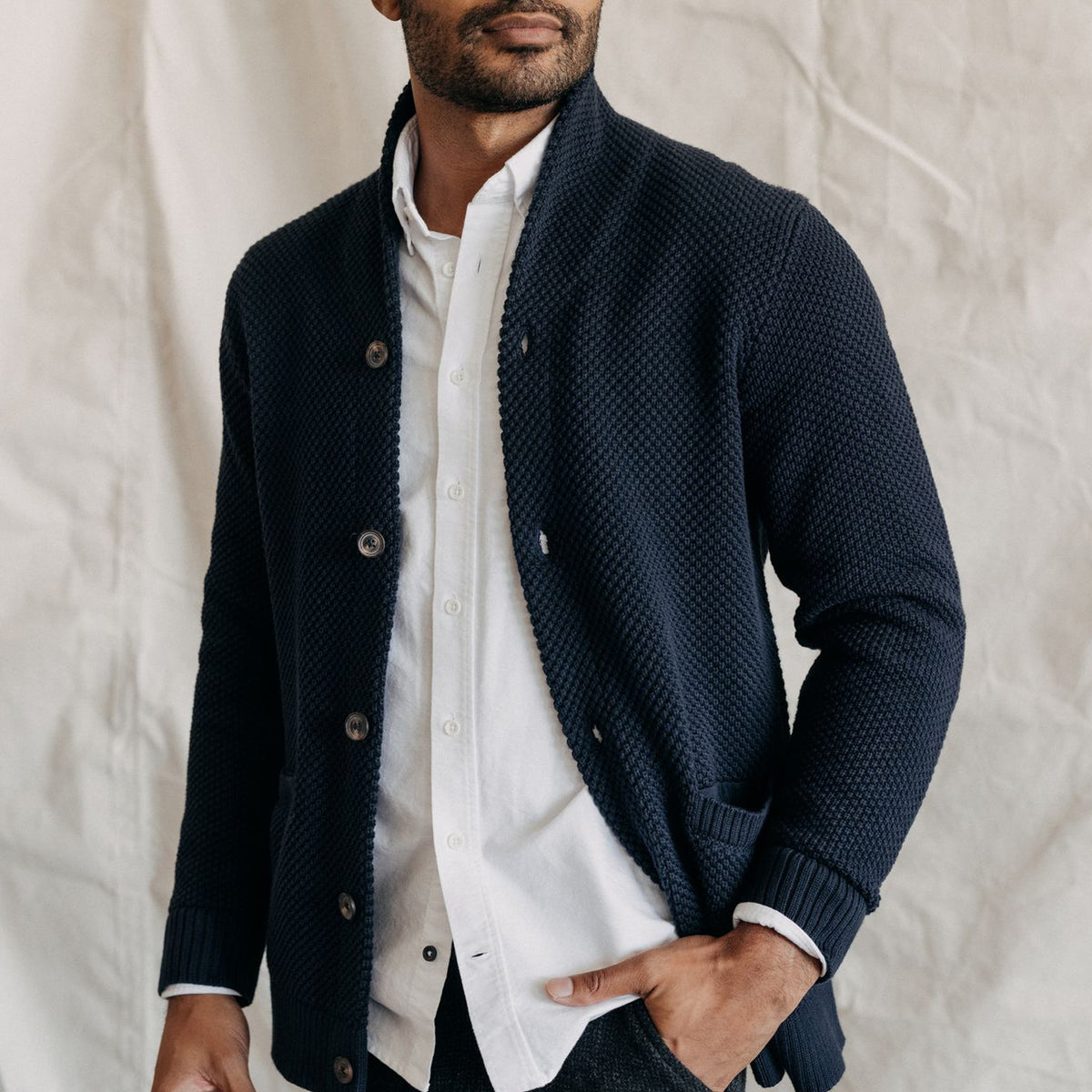 Men's Sweater Pullover Cable Knit Sweater in Natural Don in Dark Navy