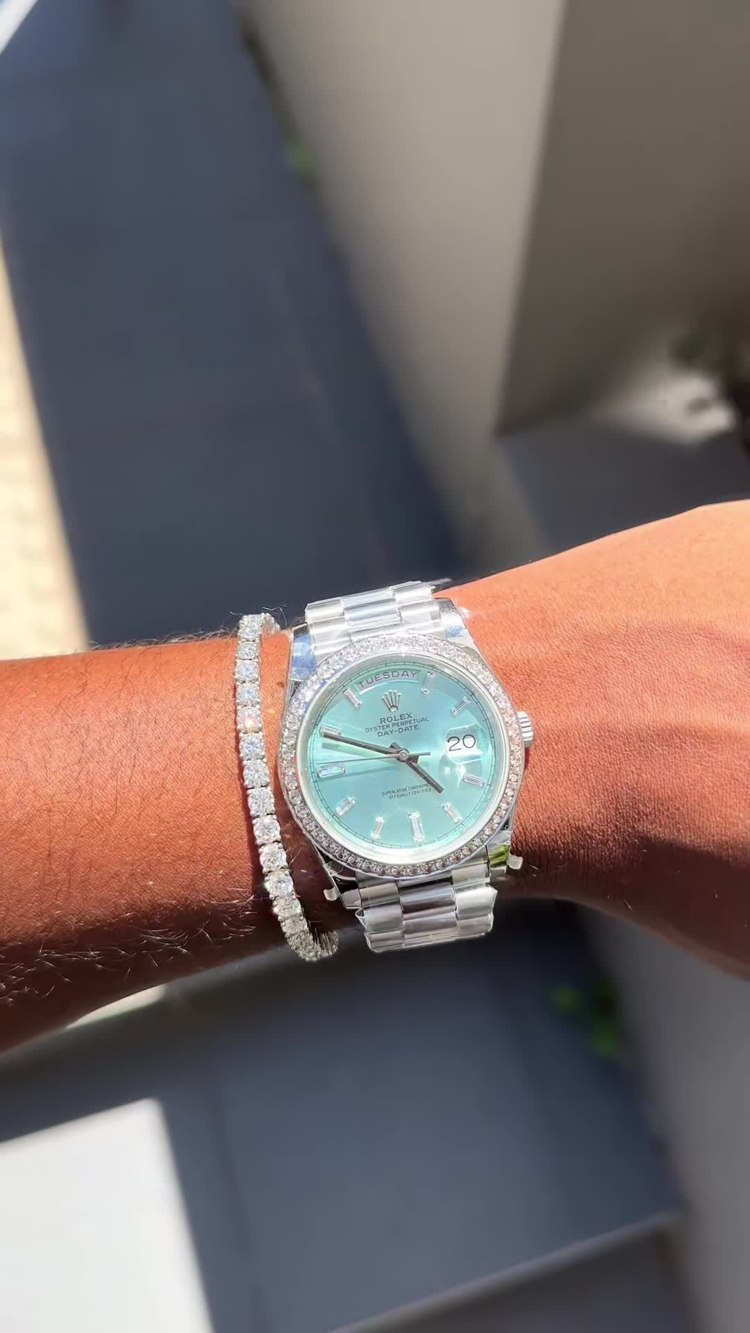 Lady Rolex DAY-DATE 36 128396TBR Ice Blue Baguette Index Replica