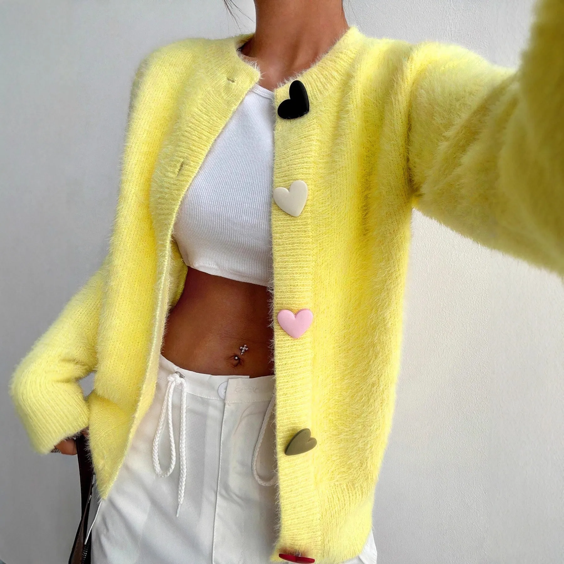 Autumn Winter Fashion Yellow Cardigan Women Heart Button Long Sleeve Knit Sweater Outerwears