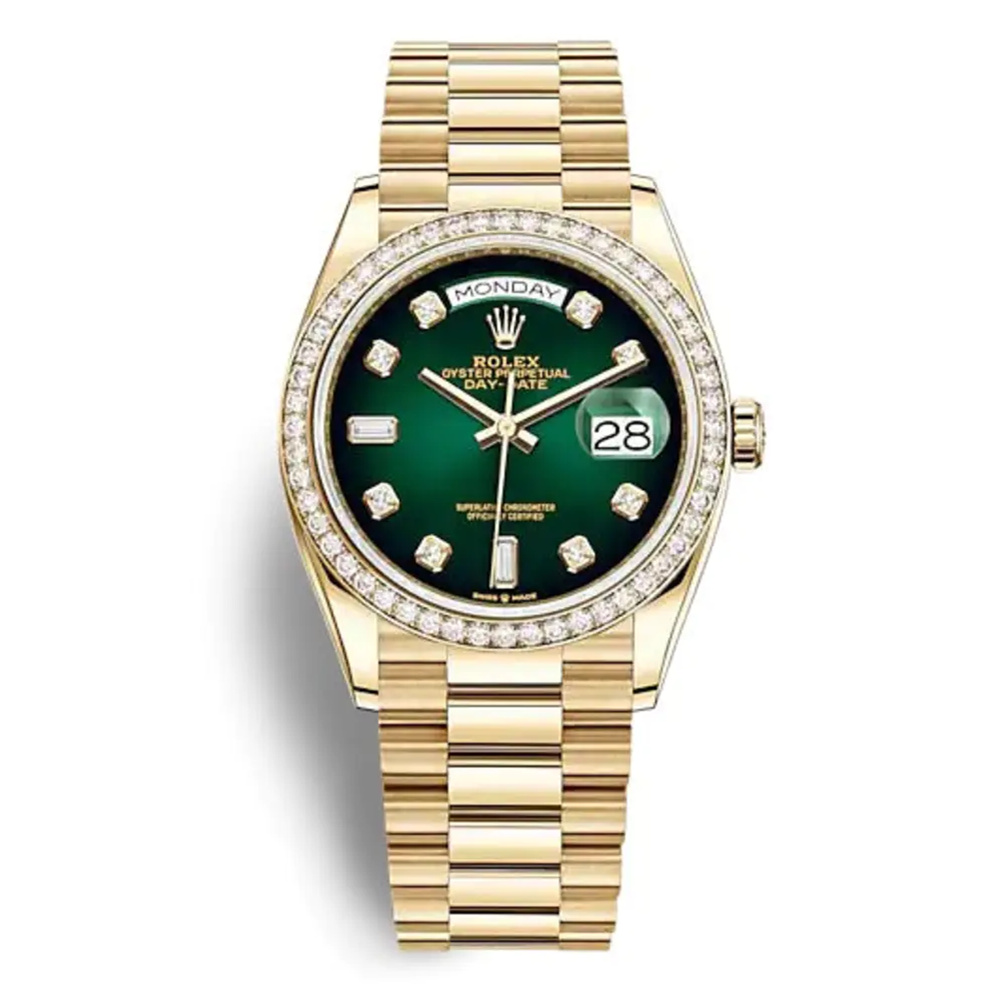 Rolex Day Date 36mm - Ref: 128348rbr-0035 - Green Ombre Diamond Dial & Diamond Bezel, 18K Yellow Gold President Bracelet Watch