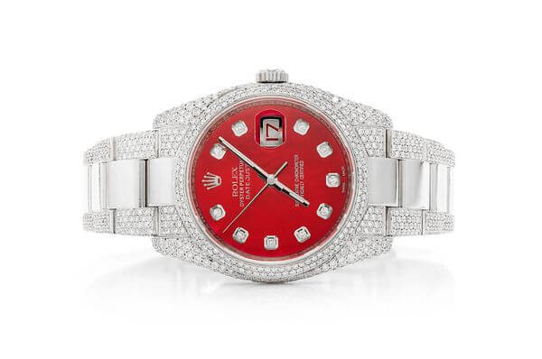 Iced Out Rolex Datejust 36MM SILVER RED DIAL AUTOMATIC MOISSANITE WATCH 14.00CT