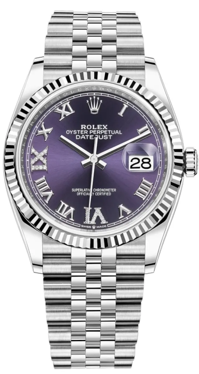 Rolex Datejust 36 Steel & White Gold Aubergine Diamond Pave Roman Dial Women's Watch M126234-0021