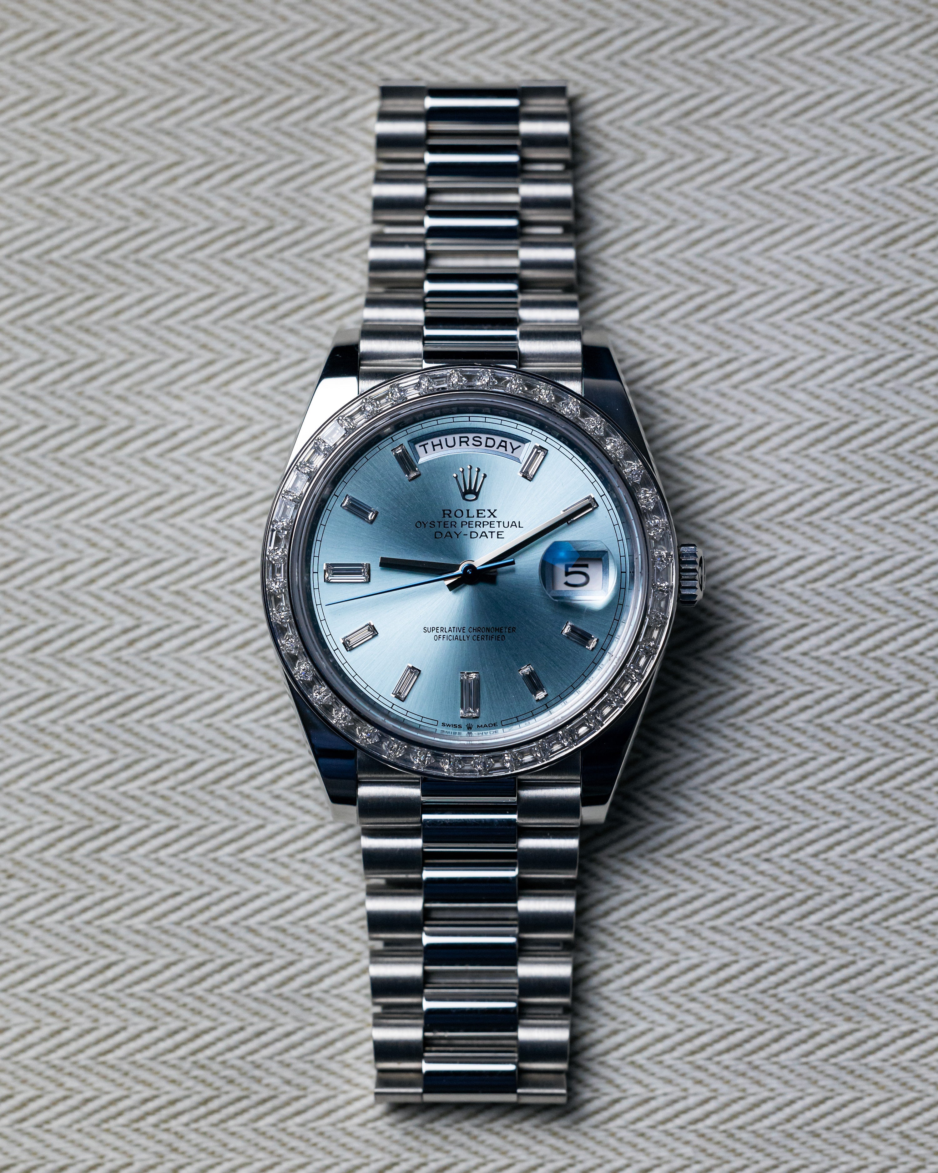 2023 Rolex Day-Date 40 Platinum with Factory Diamond Bezel & Baguette