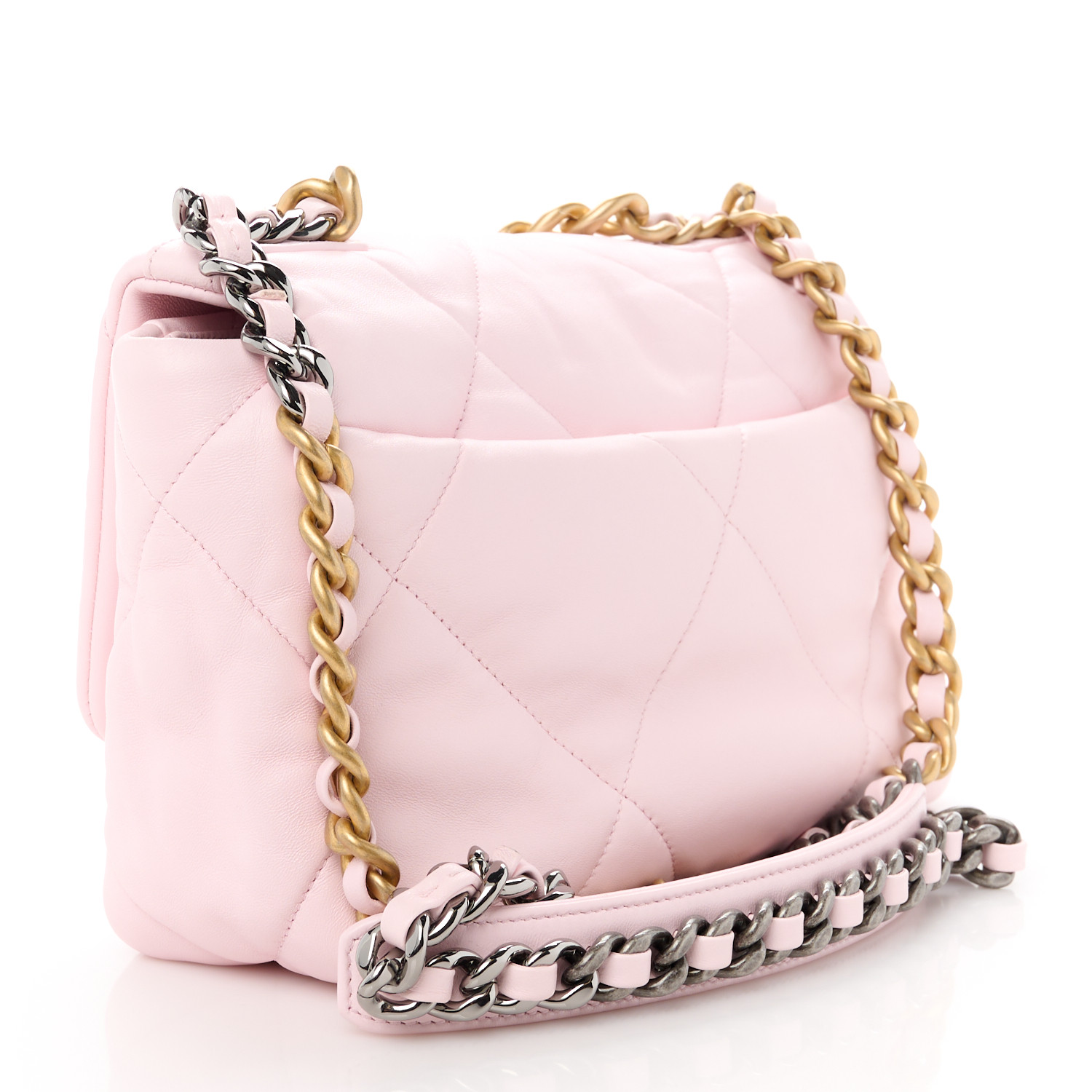 Sac à rabat Chanel 19 moyen matelassé en cuir d'agneau rose clair - luxuryevafr
