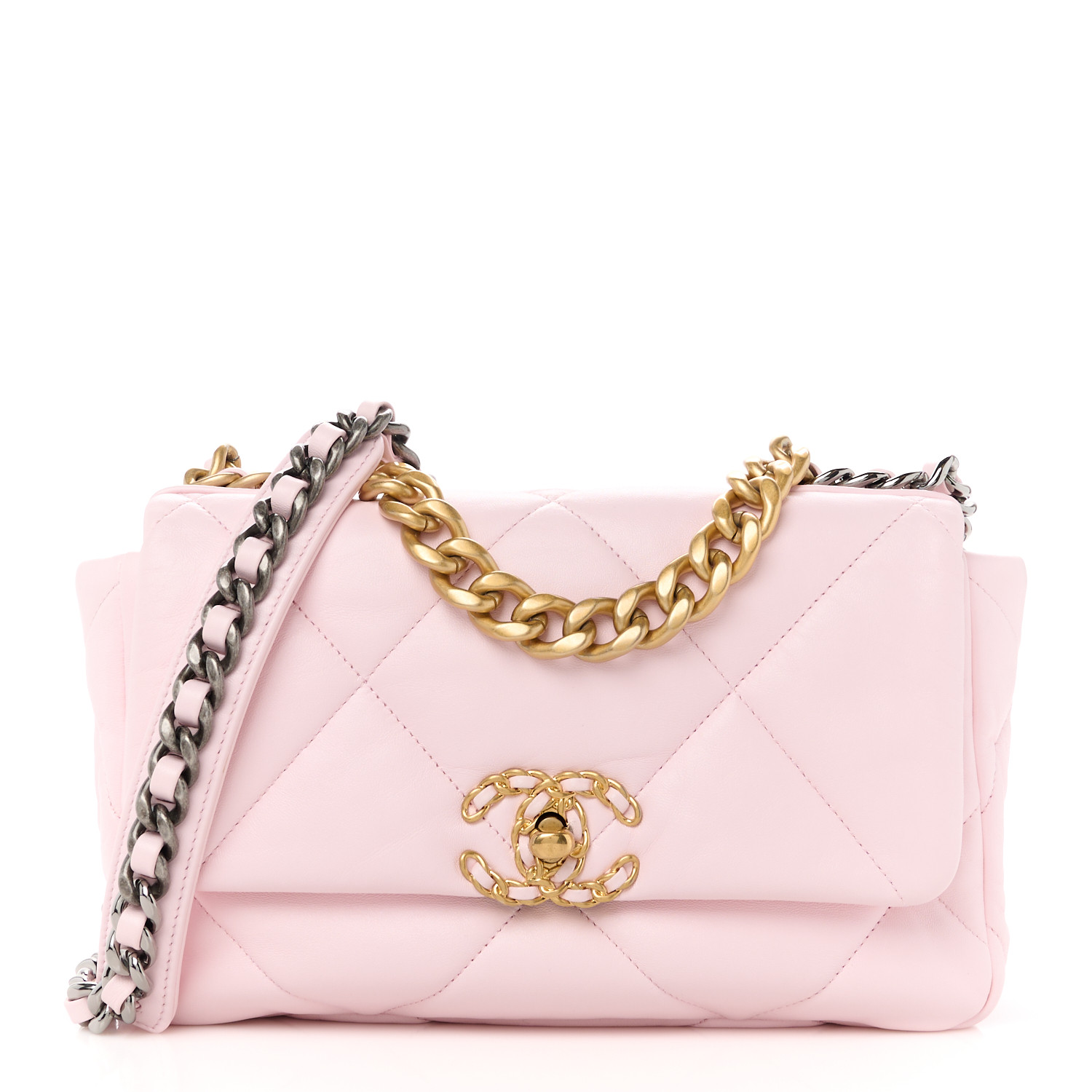 Sac à rabat Chanel 19 moyen matelassé en cuir d'agneau rose clair - luxuryevafr