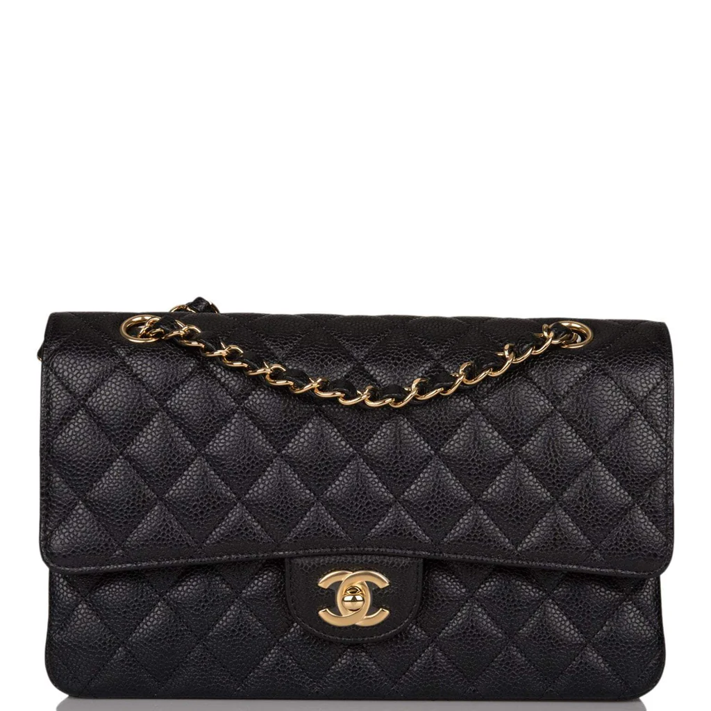 Sac Chanel Medium Classic Double Flap Noir Matelassé Caviar Quincaillerie Dorée - luxuryevafr