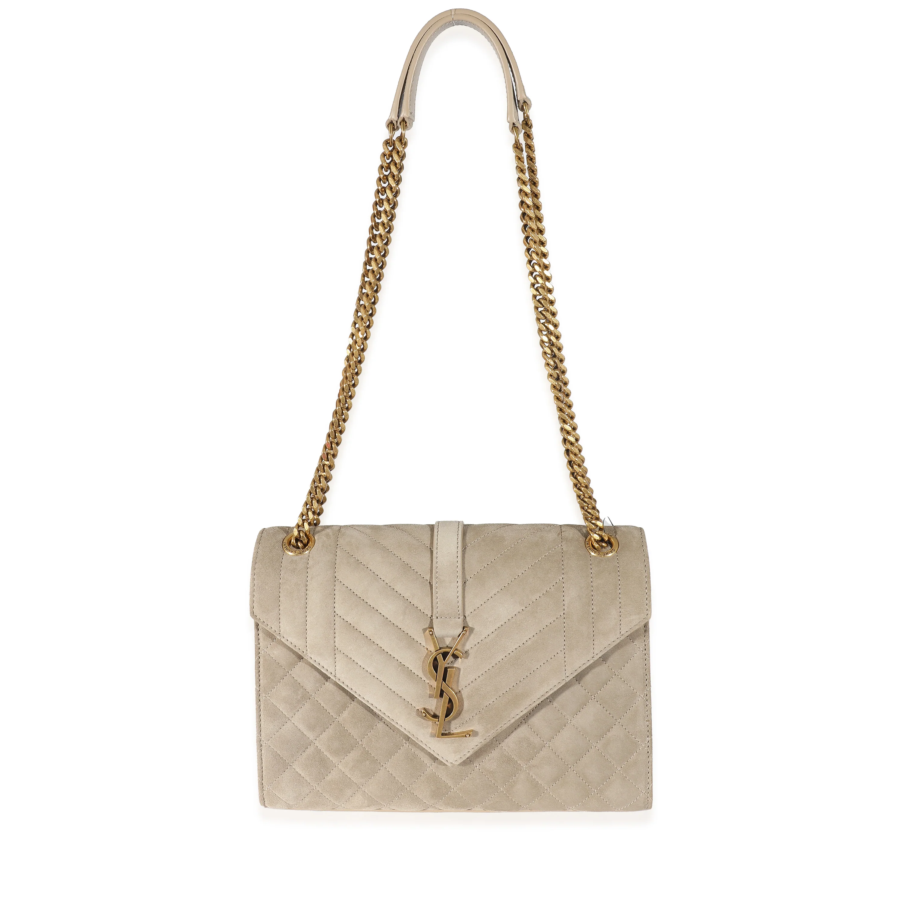 Sac enveloppe moyen monogramme Saint Laurent Beige Suede Mixed Matelasse Triquilt - luxuryevafr