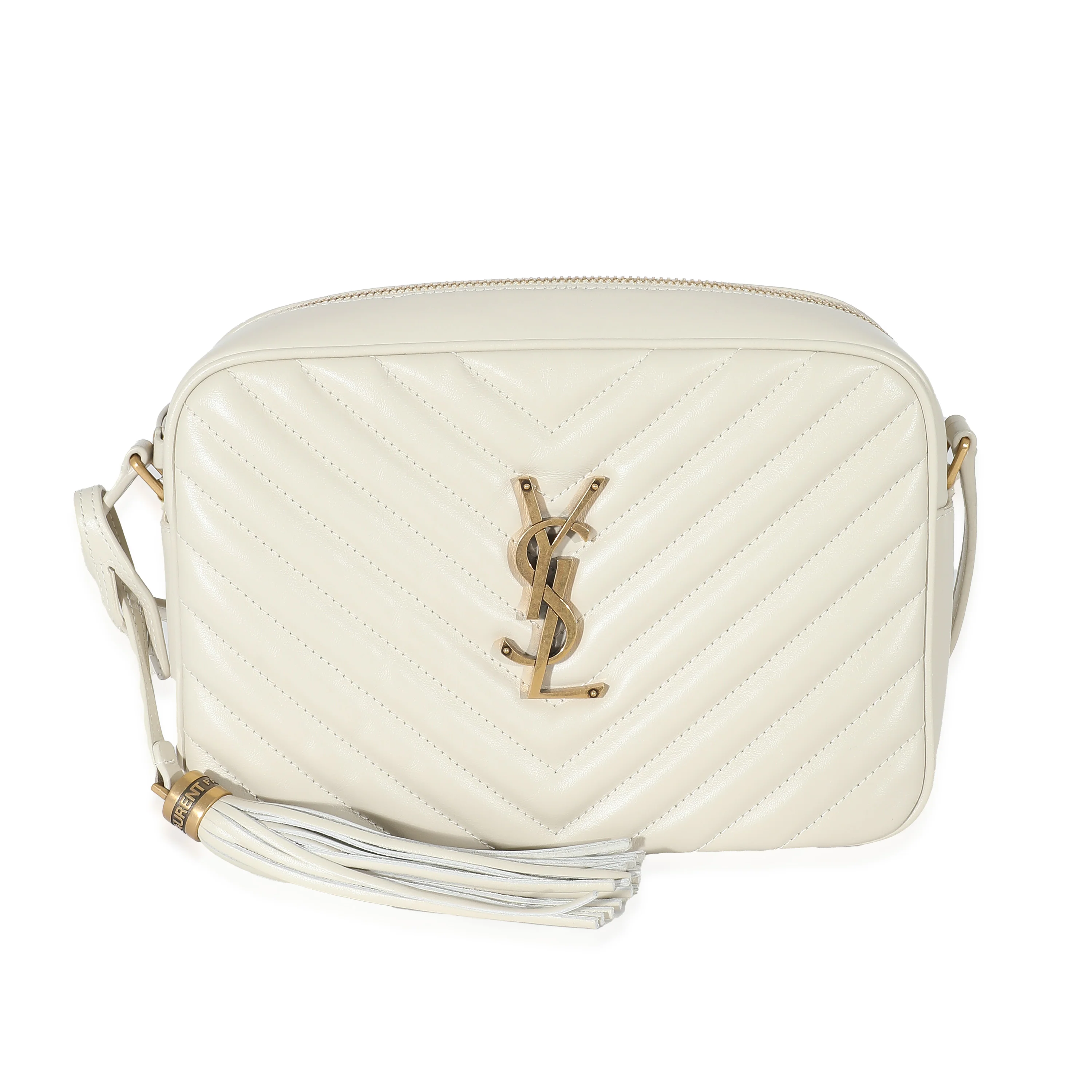 Sac photo Lou en cuir matelassé souple à chevrons Crema de Saint Laurent - luxuryevafr