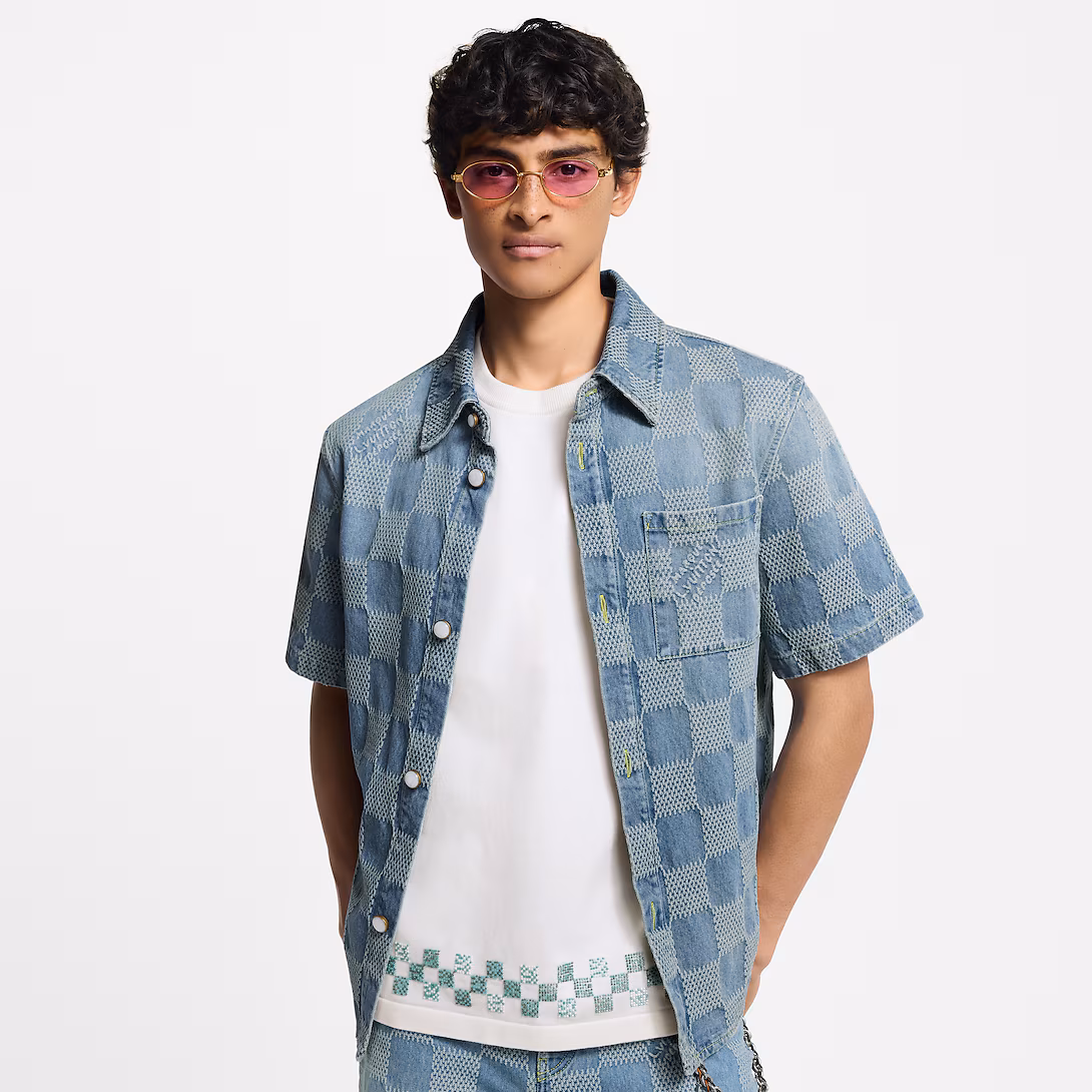 Chemise à manches courtes en denim léger Damier 3D 1AHVZ2 - luxuryevafr