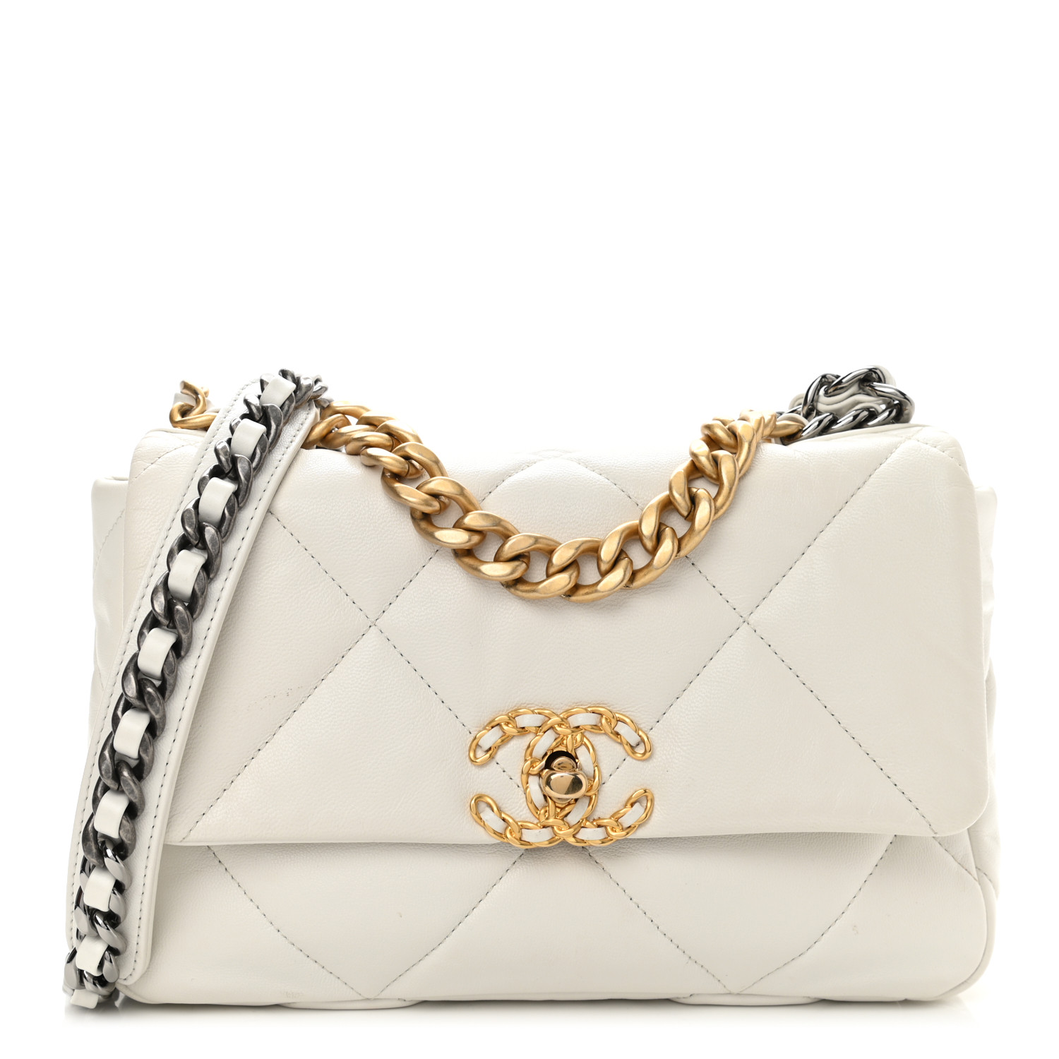 Sac Chanel 19 moyen matelassé en cuir de chèvre blanc à rabat - luxuryevafr