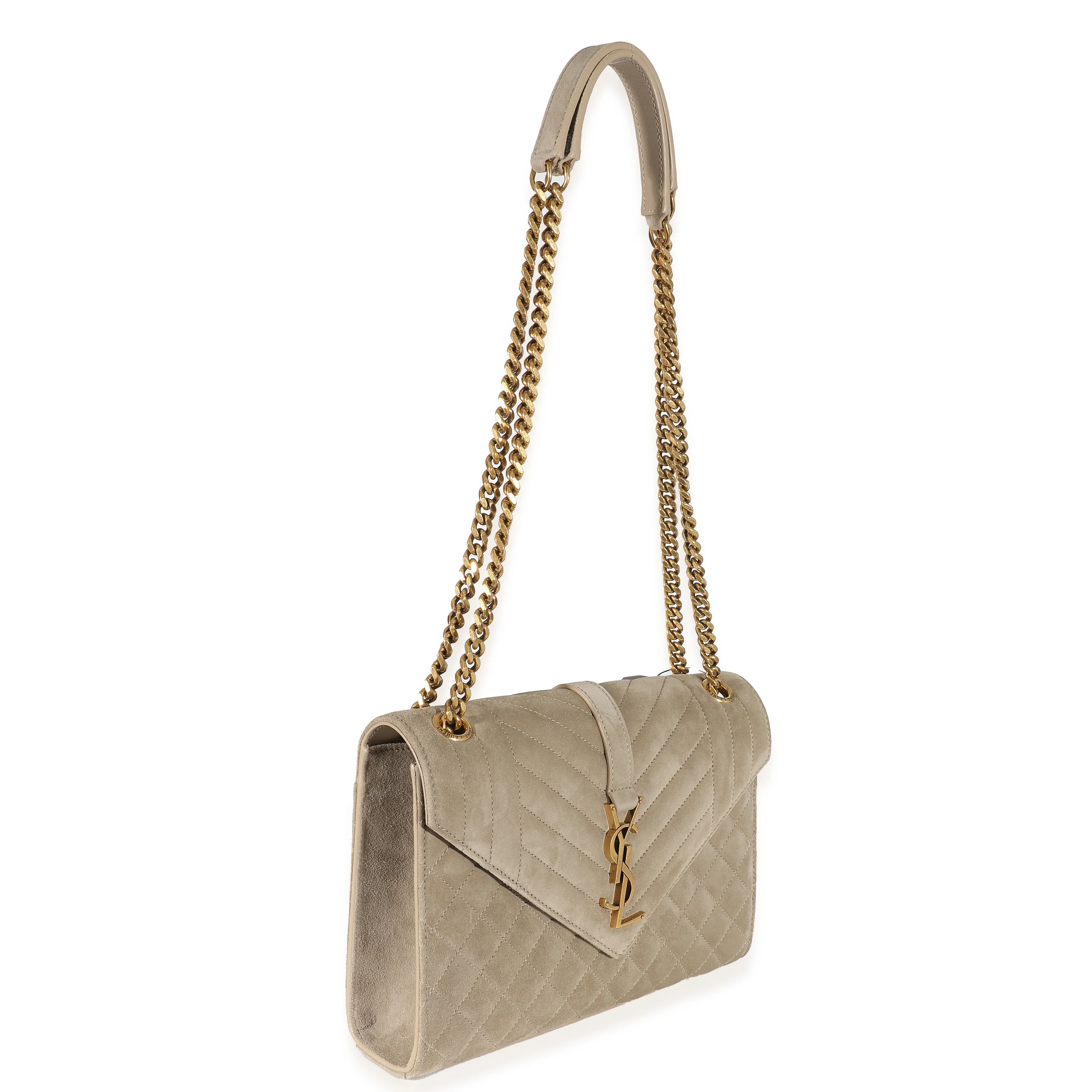 Sac enveloppe moyen monogramme Saint Laurent Beige Suede Mixed Matelasse Triquilt - luxuryevafr