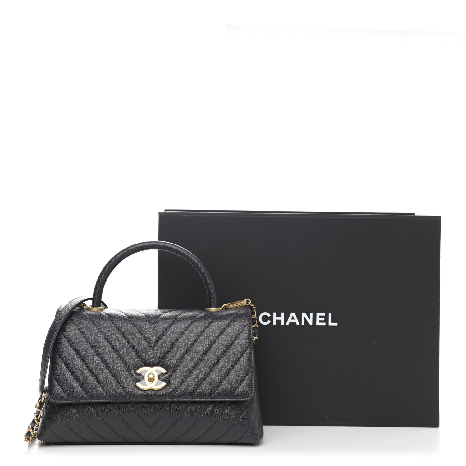 Petit rabat à poignée en coco matelassé Caviar Chevron Gris foncé - luxuryevafr