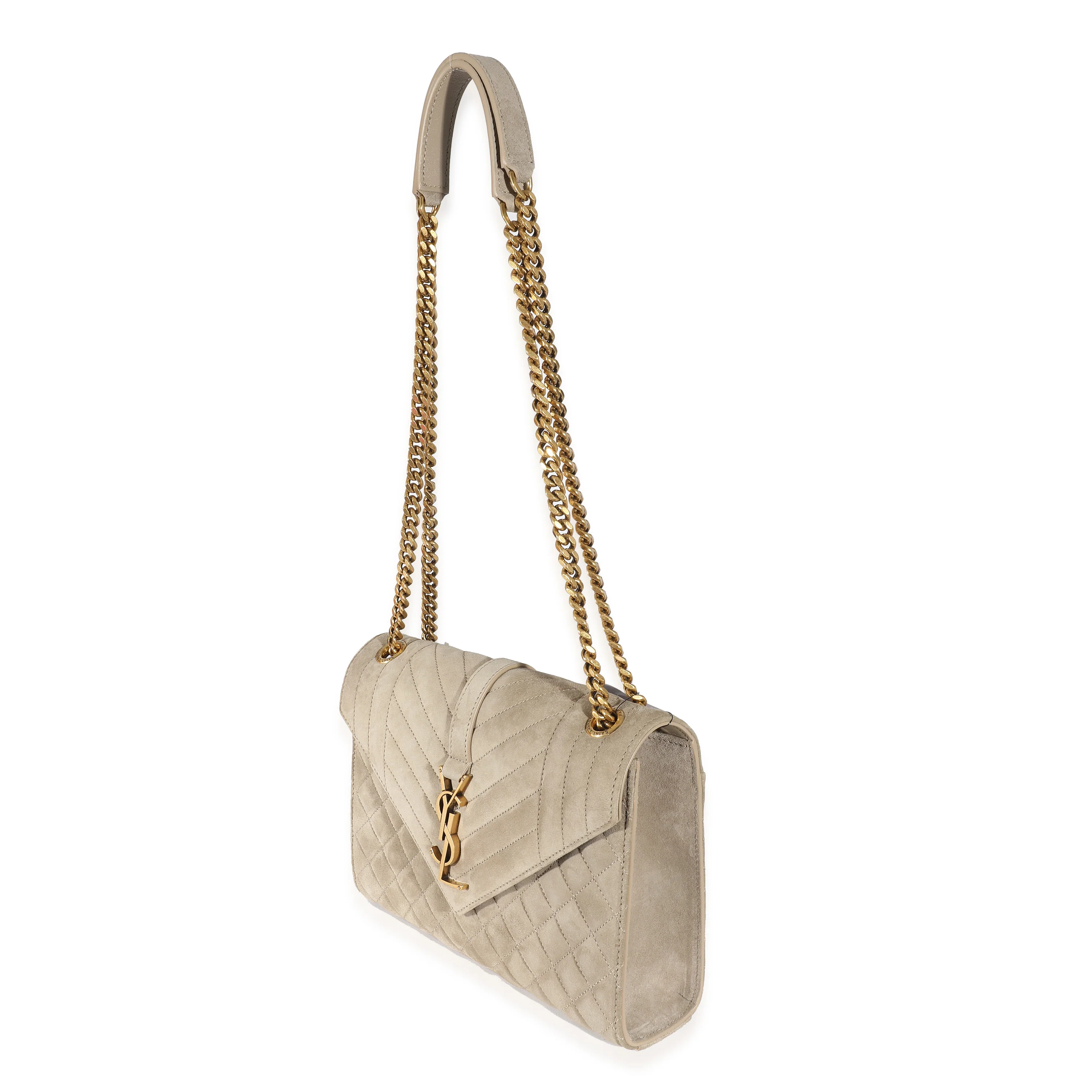 Sac enveloppe moyen monogramme Saint Laurent Beige Suede Mixed Matelasse Triquilt - luxuryevafr