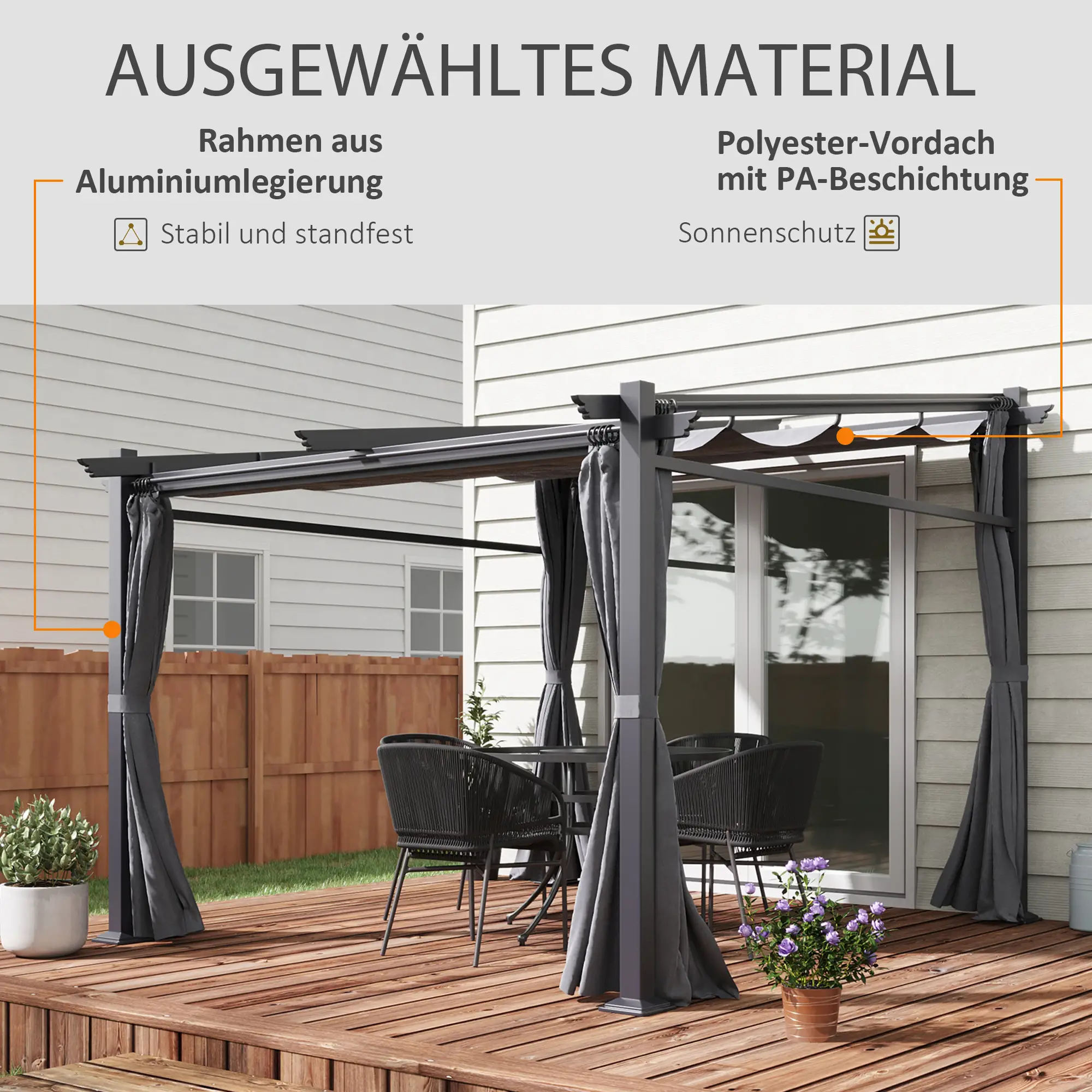 Outsunny Pergola mit ausziehbarem Dach Seilzugsystem